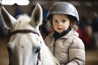 Young child with riding clothes and helmet on small pony. KI generiert, generiert, AI generated