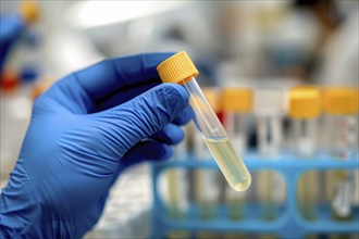 Scientist's hand holding test tube with liquid in research lab. KI generiert, generiert, AI