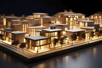 Modern architectural model crafted from polished wood bathed in soft diffuse light, AI generated