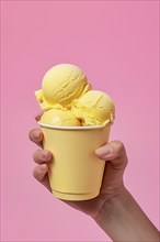 Hand holding yellow ice cream in cup. KI generiert, generiert, AI generated