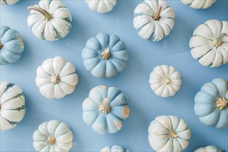 Top view of white and blue pumpkins on pastel blue background. Generative Ai, AI generated