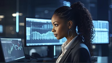 Black african american female it specialist engaged in analyzing data for cyber security, AI