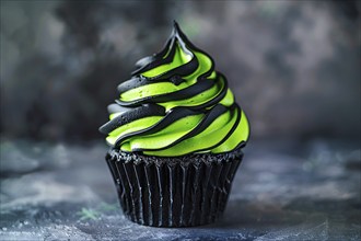 Halloween cupcake with bright neon green and black frosting. Generative Ai, AI generated