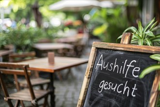 Chalkboard with German text 'Aushilfe gesucht' (hiring staff) at restaurant. Generative AI, AI