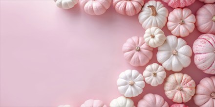 Banner with pink and white pumpkins on side of pastel pink background with copy space. Generative