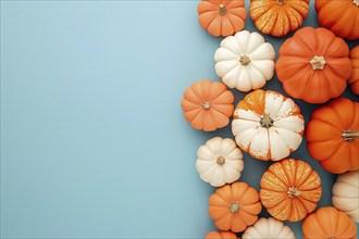 Top view of range and white pumpkins on pastel blue background with copy space. Generative Ai, AI