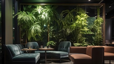 Stylish empty cannabis cafe interior in cozy modern design, AI generated