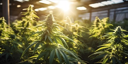 Cannabis plant with vibrant green leaves bathed in soft natural light, AI generated