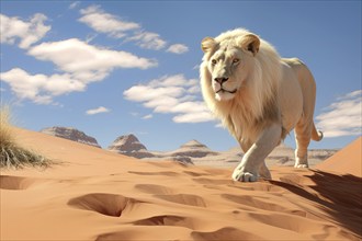 Male Lion walking over sand dunes, Africa, AI generated