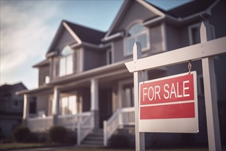 For sale sign with blurry large house in background. KI generiert, generiert AI generated