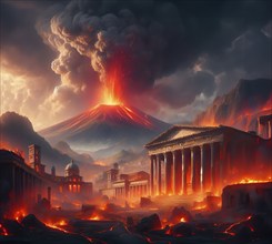 Pompeii during the eruption of the volcano Vesuvius in 79 AD, lava pours into the ancient city, AI