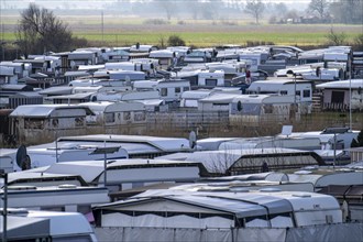 Campsite, pitch for caravans and motorhomes on the North Sea dyke, in Neuharlingersiel, Lower