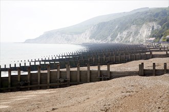 Wooden groynes on Eastbourne beach, looking west towards Beachy Head chalk cliffs, East Sussex,