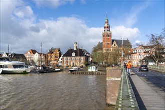 Skyline of the old town, on the Leda, town hall, museum harbour, old town houses, Leer, East