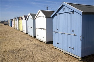 Seaside beach huts Felixstowe, Suffolk, England, UK