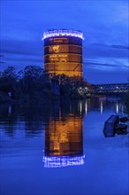 Neue Mitte Oberhausen, Gasometer exhibition hall, after renovation, Rhine-Herne Canal, evening