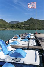 Boat hire, pedal boats, Gretl am See lido on Lake Kaltern, near the village of Kaltern, in the