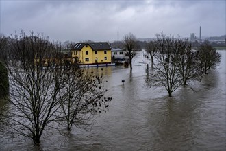 Flood on the Ruhr, here near Hattingen, buildings at a flooded campsite, completely surrounded by