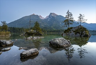 Hochkalter reflected in Hintersee, at sunset, Berchtesgaden National Park, Ramsau, Upper Bavaria,