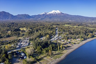 Aerial view of beach Playa Ensenada, lake Llanquihue, village Ensenada, chilenean lake district,