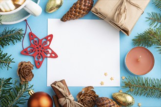 Christmas or New Year composition, template. Decorations, box, cinnamon, cones, fir and spruce