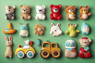 Flat lay of fun children toys for kindergarten with lots of copy space, AI generated