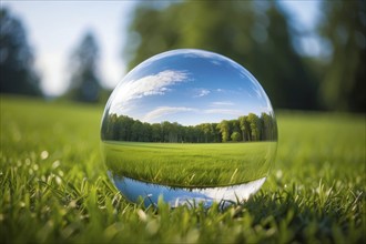 Glass sphere with forest reflected in it as an earth conservation concept, AI generated