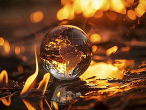 Burning globe, a concept of climate change, global warming and wildfires raging on earth, AI