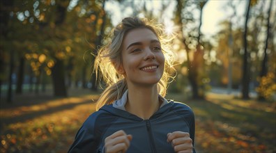 A woman runner running and jogging in a park. Active lifestyle, training for endurance, AI