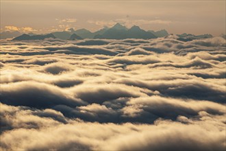 Mountain peaks above high fog in backlight, view from the Zugspitze to the main Alpine ridge,