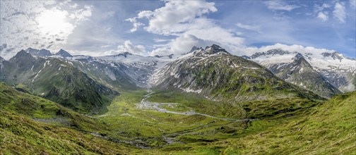 Panorama, Picturesque mountain landscape, Mountain peaks with snow and glacier Schwarzensteinkees,