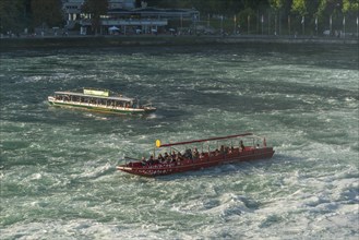 Rhine Falls seen from Schloss Laufen, tourist boats, Restaurant Schlössli Wörth, rapids, Canton