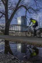 Building of the European Central Bank, ECB, cycle path on the Main in Frankfurt, Hesse, Germany,