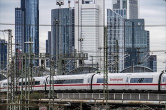 ICE train on the track in front of the main station of Frankfurt am Main, Skyline, Hesse, Germany,