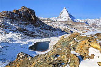 Matterhorn and mountain lake, Valais, Switzerland, Europe