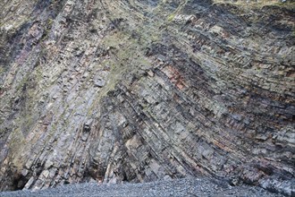 Complex folding of sedimentary rock strata in coastal cliffs at Hartland Quay, north Devon,