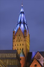 Paderborn Cathedral, St. Liborius, Illuminated Tower, Blue Hour, Paderborn, Westphalia, North