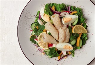 Salad of squid and vegetables, with egg, homemade, no people