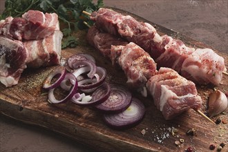 Raw pork meat, on wooden sticks, pickled kebab, with spices, top view, no people