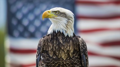 A bald eagle stands in front of an American flag, AI generated