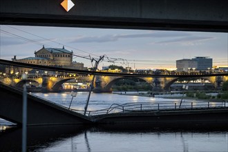 Partial collapse of the Carola Bridge in Dresden with the Semper Opera House in the background,