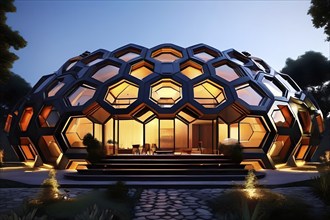 Modern residential house inspired by honeycomb hexagonal patterns, AI generated