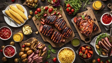 Summer BBQ or picnic food table scene with grilled meat and salads, AI generated