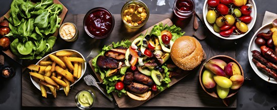 Summer BBQ or picnic food table scene with grilled meat and salads, AI generated