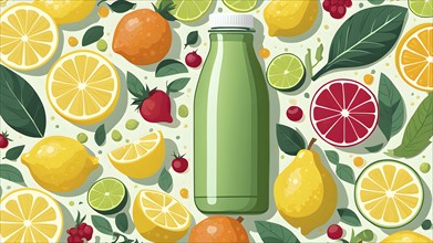 Abstract wallpaper of smoothie surrounded by an assortment of fruits and vegetables, AI generated