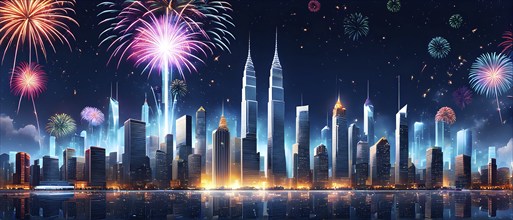 Wallpaper illustration of a cityscape on New Year's Eve, with glowing skyscrapers and floating