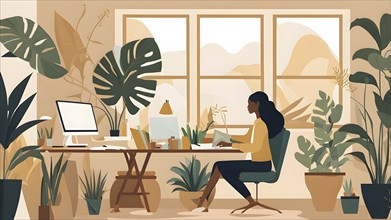 Abstract illustration of a modern workspace with woman seated at a desk, AI generated