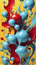 Abstract image with vibrant blue and red blobs and liquid shapes on a yellow background, AI