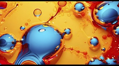 Abstract image with vibrant blue and red blobs and liquid shapes on a yellow background, AI