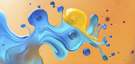 Abstract wallpaper with colorful turquoise and yellow blobs and liquid shapes on a orange